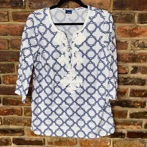 Basic Editions White Blue Embroidered Printed 3/4 Sleeve Tunic Top Women's Small